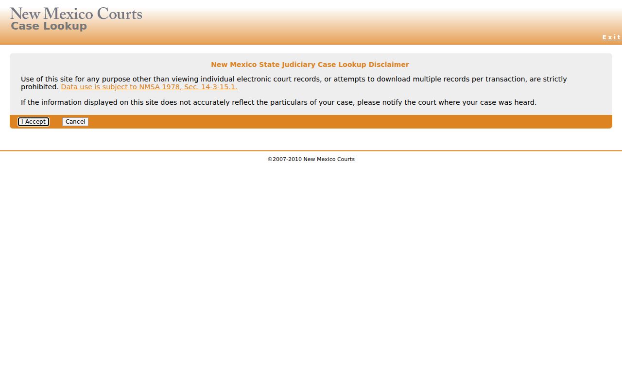 Sandoval County criminal court Case Lookup search screen